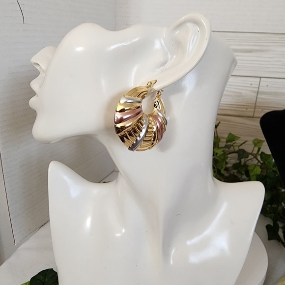 Gold Chunky Hoop Earrings Tricolor Accent - Picture 8 of 9